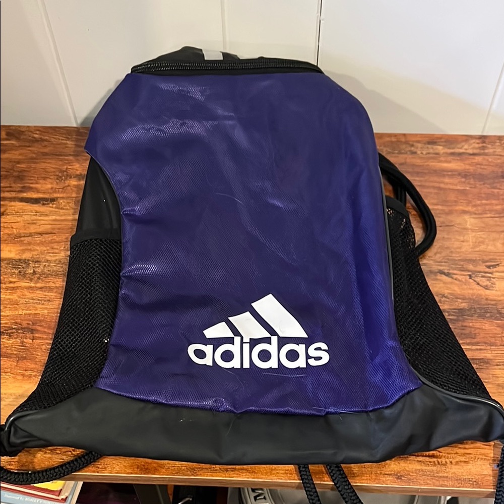 Adidas Purple and Black Athletic Drawstring Backpack with Padded Straps